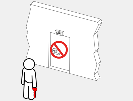 Illustration of Exit Prevention with grey background, showing a user with key and assets unable to exit building.